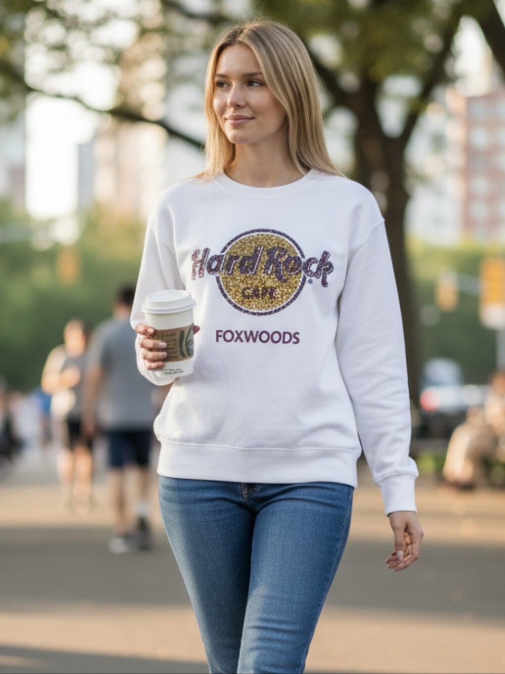 Hard Rock Cafe White Crewneck Sweatshirt with Gold & Red Sequin Logo